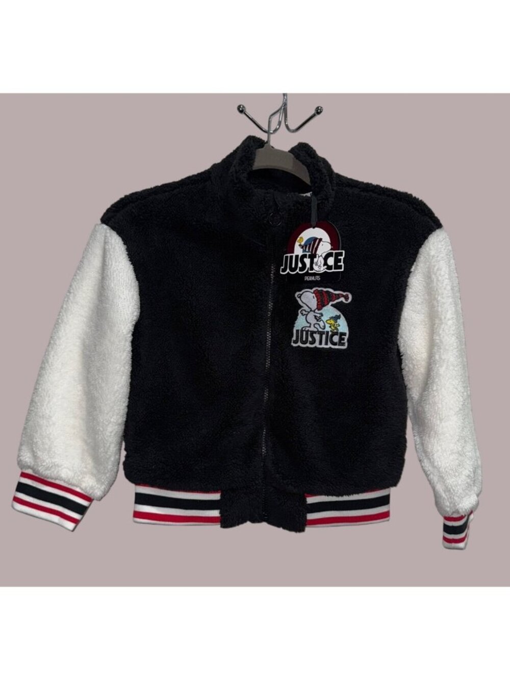 Justice Peanuts Snoopy Sherpa Jacket XS 5/6 Black & White Full Zip With Striped